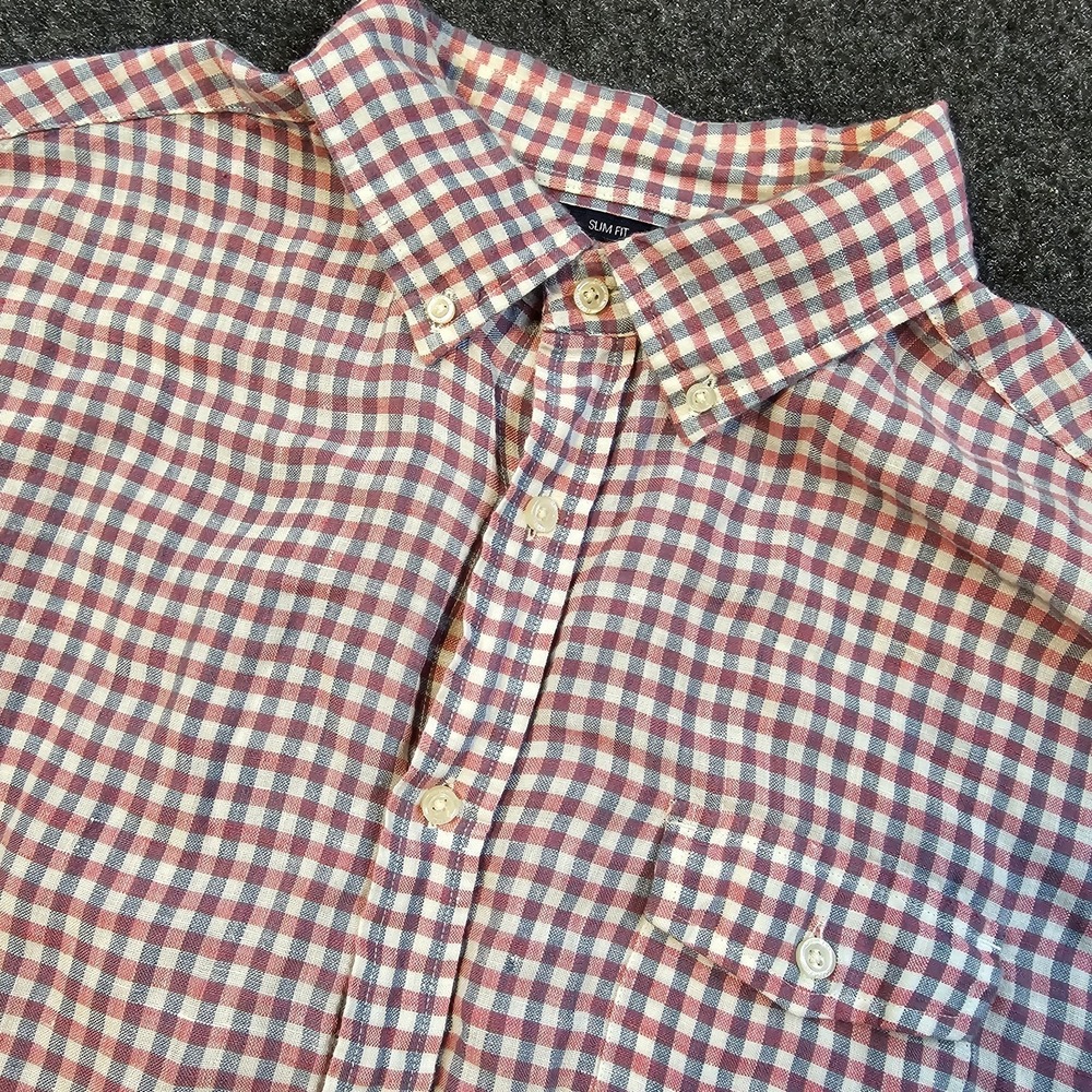 Cremieux Classics Slim Fit Linen‎ Shirt Mens XL Red Blue Gingham Short Sleeve
